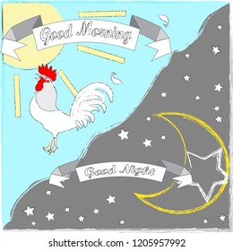 Good Mornin and Good Night.Day and Night.Nature scene with rooster,sun.moon and stars.Nature.