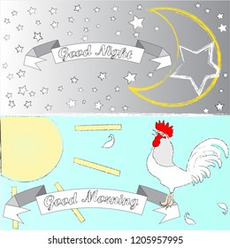 Good Mornin and Good Night.Day and Night.Nature scene with rooster,sun.moon and stars.Nature.