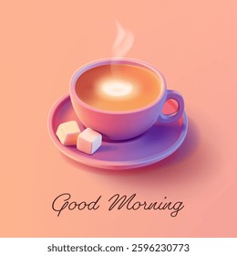 Good morning. 3D cup of hot coffee on a plate. For advertising concepts of cafes, morning aromatic coffee. Modern banner. Vector illustration.