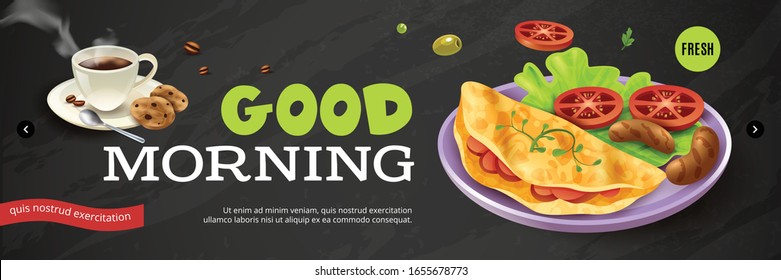 Good Morning ad poster with cup of coffee cookies and plate with vegetables pancakes frankfurters on black background vector illustration
