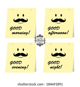 Good morning, Good afternoon, Good evening, Good night stickers. Vector illustration. 