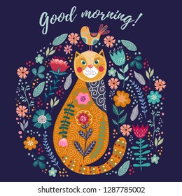 Good morning. Art vector colorful illustration with cute cat, bird and flowers. Artwork for decoration your interior and for use in your design