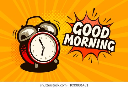 Good morning, banner. Alarm clock, wake-up time concept. Cartoon vector illustration