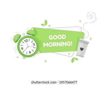 Good morning banner with alarm clock and cup of tea or coffee. Green. Flat design. Eps 10