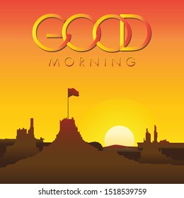 good morning banner, beautiful red yellow brown gradient background vector landscape illustration, with mountain and sky. for banners, websites and greeting cards, social media and good morning