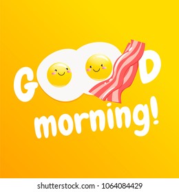 Good morning banner. Classic tasty  breakfast of scrambled eggs and bacon. Vector cartoon illustration