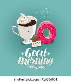 Good morning, banner. Hot drink, coffee cup, dessert cartoon. Illustration for design menu restaurant or cafe