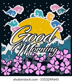 good morning, beautiful greeting card background or banner with sea and flower theme. design illustration