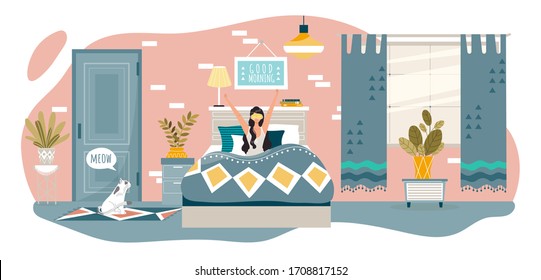 Good morning in bedroom happy woman wake up in bed at home after sleep, people healthy rest and lifestyle vector flat cartoon illustration. Hygge bedroom and girl character waking, cat.