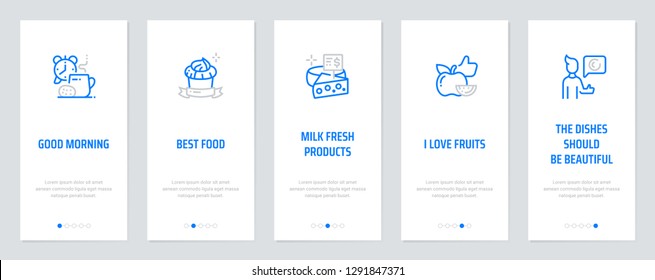 Good morning, Best food, Milk fresh products, I love fruits, The dishes should be beautiful, the rest is not important Vertical Cards with strong metaphors. Template for website design.