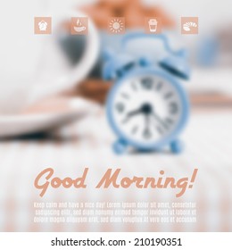 Good Morning! Blurred vector background with first cup of coffee and alarm clock. Matching set of icons on top. 