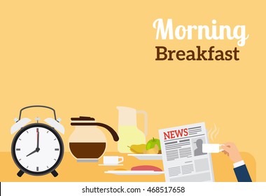 Good Morning Breakfast Banner with sign on orange background. Vector illustration