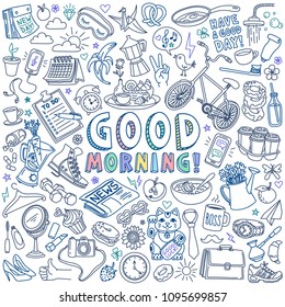 Good morning and breakfast doodles set. Hand drawn vector illustration isolated on white background.