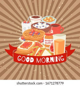 Good morning breakfast food assortment with belgian waffles, cream, berries, orange juice drink and egg, toasts vector illustration. Breakfast or brunch poster for cafe or hotel morning menu.
