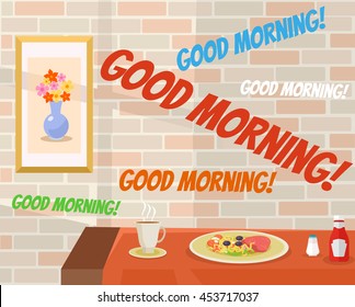 Good morning in cafe. Vector flat cartoon illustration