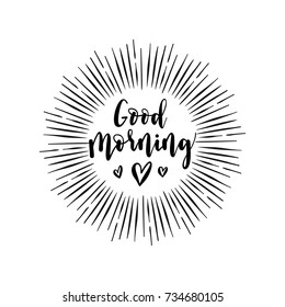 Good morning callygraphy poster with wings, hearts. Vector handdrawn card.