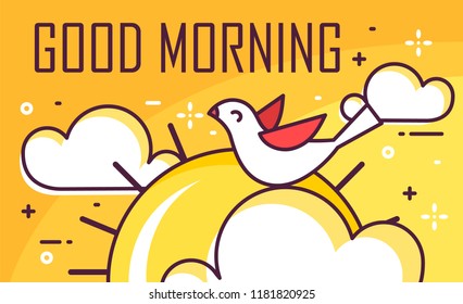Good morning card with bird, clouds and sun. Thin line flat design. Vector good morning banner.
