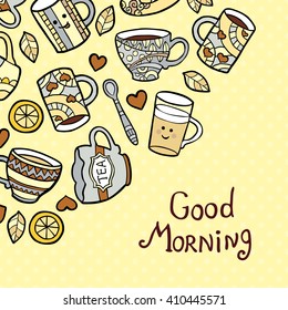 "Good Morning" Card with doodle tea cups on dotted background. Vector illustration.