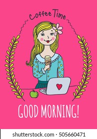 Good Morning card with girl and coffee cup. Vector illustrated card.