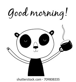 Good morning card with panda bear and mug of coffee. Character vector illustration

