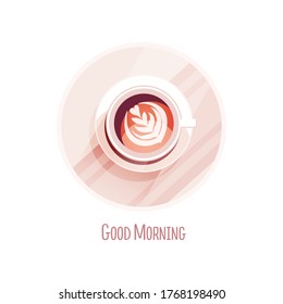 Good morning card. Poster concept. Coffee cup with decorative element on a beautiful plate. Pastel Colors. 