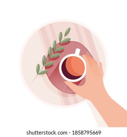 Good Morning Card. Poster Concept. Hand Holding Coffee Cup with Plant Element on a Beautiful Pink Plate. Pastel Colors.