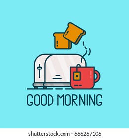 Good morning card. Toaster and a cup of tea Vector modern line outline flat style cartoon illustration. Isolated on blue background. Tea breakfast