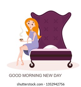 Good morning. The character of the awakened woman. A girl in a shirt sits on the bed with a cup of coffee in her hands for breakfast. Vector illustration in cartoon style.