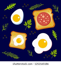 Good morning, cheerful breakfast - cute foods, vector graphics. Good for banners, menu covers, packaging.