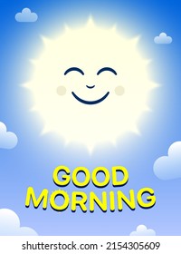 Good Morning cheerful vector design with a happy sun cartoon character on blue sky background with white clouds.