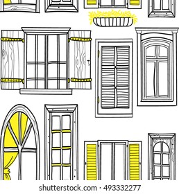 
Good Morning City! Seamless pattern with windows. freehand drawing in vintage style. The windows are modern and vintage.