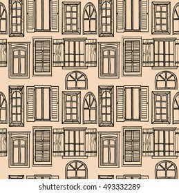 Good Morning City! Seamless pattern with windows. freehand drawing in vintage style. The windows are modern and vintage.