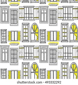 
Good Morning City! Seamless pattern with windows. freehand drawing in vintage style. The windows are modern and vintage.