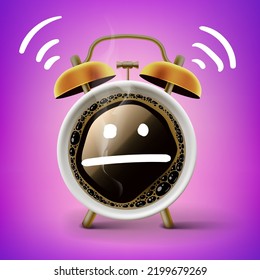 Good morning coffee and alarm clock concept. Cup on with emotion, expressionless face, mood doodle face, vector illustration.