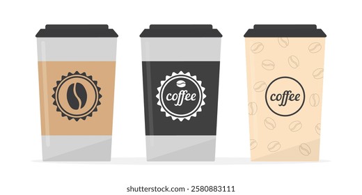 Good morning! Coffee break, timeout. Set of various coffee cups. Colored collection. Coffee to go, three cups isolated on white background. flat vector illustration