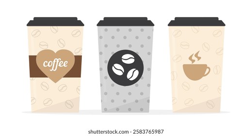 Good morning! Coffee break, timeout. Set of various coffee cups. Colored collection. Coffee to go, three cups isolated on white background. flat vector illustration