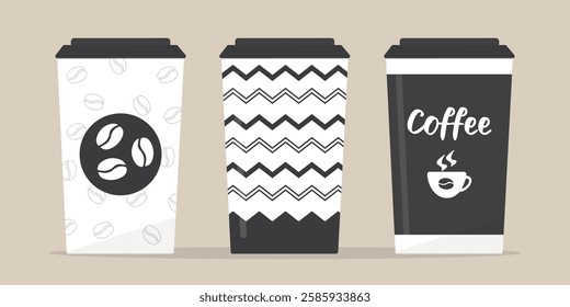 Good morning! Coffee break, timeout. Set of various coffee cups. Coffee to go, collection of three cups isolated on light background. Mockup template. flat vector illustration