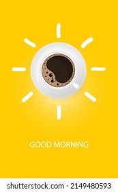 Good morning with coffee cup and drawn sun rays on yellow background. Vector illustration.