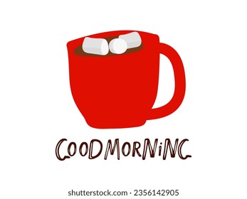 Good morning. Coffee cup with marshmallow for Bar, restaurant, coffee shop, flyer, invitation, sticker. Vector Ink illustration. Hand drawn lettering. Typography poster on white background.