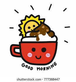 Good morning coffee cup with whipping cream and sun smile cartoon vector illustration