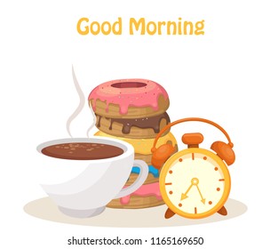 Good morning with coffee, donuts, alarm clock, vector