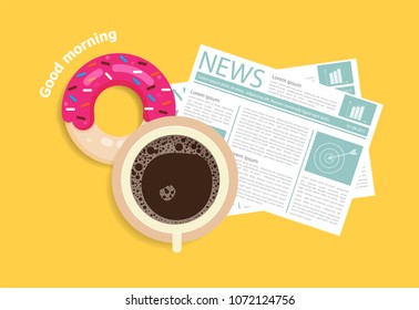Good morning with coffee and donuts. break time with coffee and donuts, vector illustration.