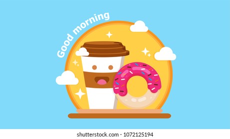 Good morning with coffee and donuts. break time with coffee and donuts, vector illustration.