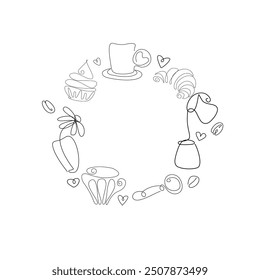 Good Morning with Coffee Doodles Editable Stroke. Outline Hot Beverage Hand Drawn Sketch. Cup of Coffee Line Art vector illustration