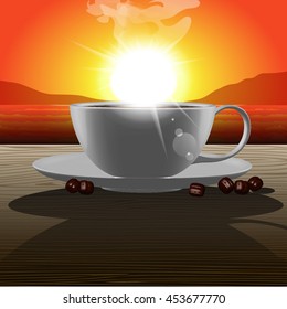 good morning coffee on the wood table, behine have Sunrise  stock vector
