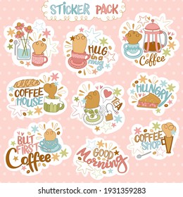 Good morning. Coffee shop. Hot drinks sticker set. Coffee pot and cup. Teapot and tea mug. Delicious pastries: cookies, cake, bread. Lettering: tea and coffee. Flowers in vase. Isolated vector objects