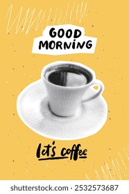 Good morning collage poster, halftone black coffee cup, cafe print at yellow background, trendy social media story design.