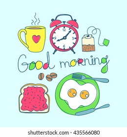 Good morning colorful objects. Cup, alarm clock, tea bag, 
toast with jam and scrambled eggs