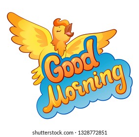 Good morning communication sticker lettering and singing bird. Speech bubble words. Comic style cartoon vector typographic pop-art inscription. Bright colorful volume font maybe for card