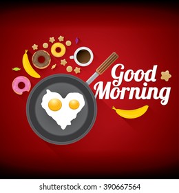 good morning concept. breakfast fried hen or chicken egg with coffee cup , sweet donuts, cookies, fruits. vector morning food set on red background